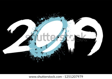 Abstract number 2019 and a rugby ball from blots. 2019 New Year on an isolated background. Design pattern for greeting card. Grunge style. Vector illustration
