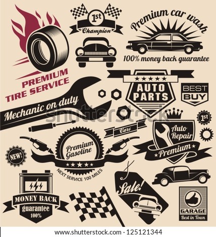 Vintage collection of car related signs, logos, icons and symbols with various design elements, ribbons and emblems.