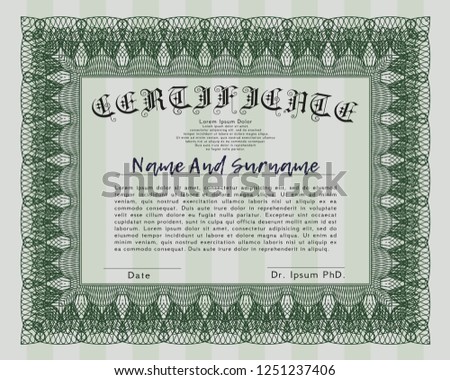 Green Diploma or certificate template. Good design. Customizable, Easy to edit and change colors. With guilloche pattern. 