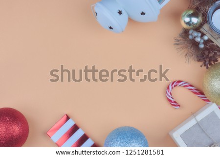Christmas composition, New Year's card. Christmas tinsel, Christmas tree balls. view from above. copy space.