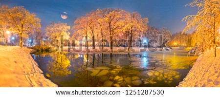 After a heavy snowfall, the fabulous beauty of the morning winter old park in Europe, Ukraine among the beautiful white oak trees a clean cold lake illuminated by lanterns