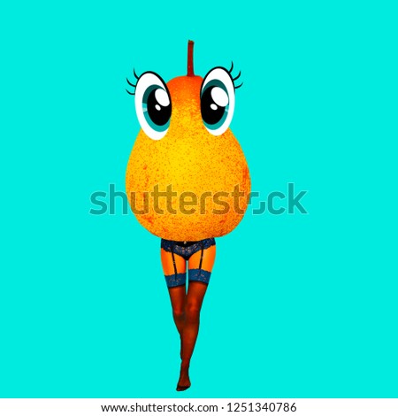 pear with eyes und girl feet . Funny face.Minimalism.Fashion Contemporary art 