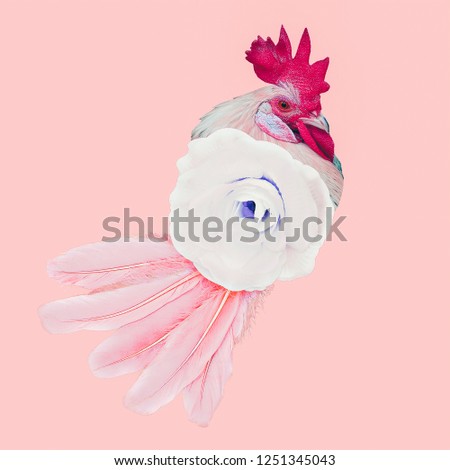 Contemporary minimal art collage. Cock  flowers metamorphosis. Visual fashion art