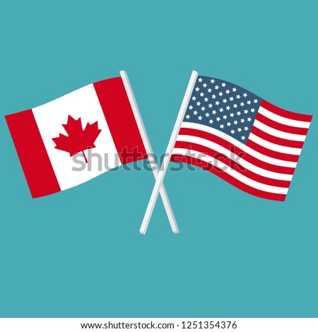 Flags of America and Canada vector icon. The flags of the USA and Canada are crossed and swaying. Illustration of country flags in flat style.