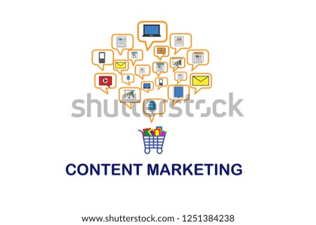 Content marketing data with mail, social media, podcast, video, paper, news, article on white background