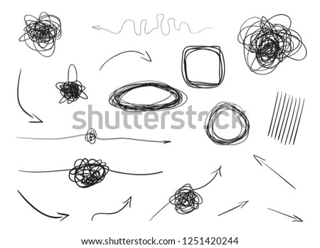 Hand drawn infographic elements on white. Abstract arrows. Line art. Set of different shapes. Black and white illustration. Doodles for artwork