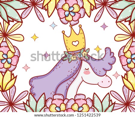 cute unicorn wearing crown with flowers and leaves