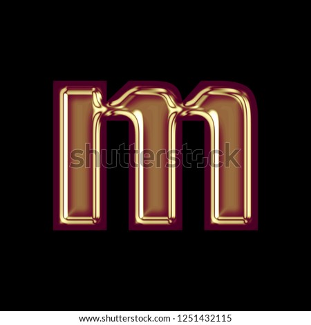 Shiny colorful golden red letter M (lowercase) in a 3D illustration with a glossy gold red color and smooth surface in a vintage bold font on a black background with clipping path
