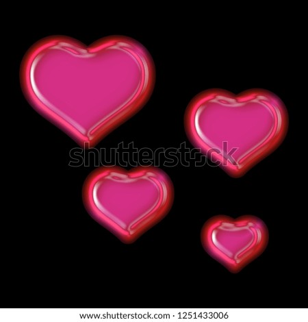 Shiny pink glossy glass set of rounded heart shape design elements in a 3D illustration with a shining smooth glass effect and light highlights isolated on a black background