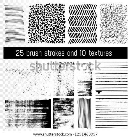 Vector set of hand drawn black brush strokes and textures isolated on white background. Black ink, brush strokes, stains,blots, splatters, spray. For banner, post card.