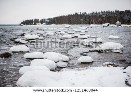 A view of the frozen river, stones and snow-covered trees. Forest in the background. Lahemaa national park, Estonia