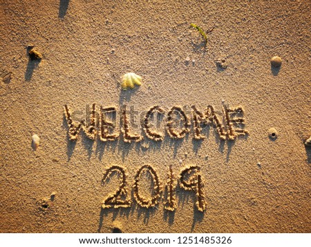 Welcome 2019. New Year concept. The inscription 2019 on a sand beach. Winter holidays concept. Top View. Space for text– stock image. Conceptual photo New Year Celebration Motivation.