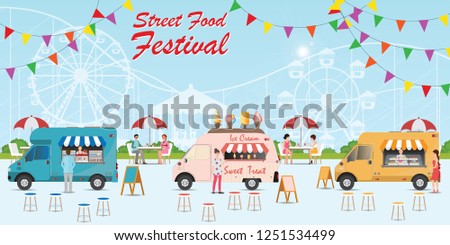 Street food truck festival with food and drink, with people buying and eating food in city park, Street food car Vector flat cartoon illustration.