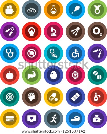 White Solid Icon Set- toaster vector, egg, diet, measuring, bike, hand trainer, muscule, target, medal, pills, heart monitor, shuttlecock, no fastfood, oxygen, run, disabled, flask, patch, potion