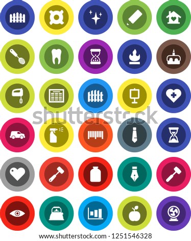 White Solid Icon Set- shining vector, sprayer, kettle, skimmer, meat hammer, jar, cake, pen, pencil, apple fruit, schedule, presentation, graph, sand clock, tie, any currency, heart cross, car, eye