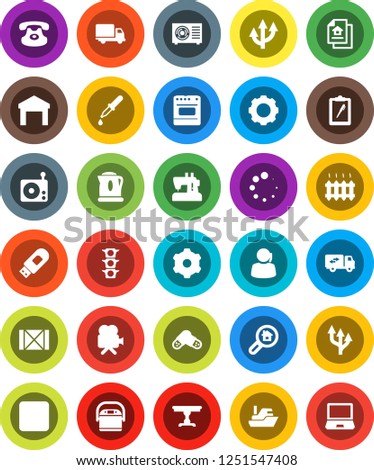 White Solid Icon Set- traffic light vector, support, ship, delivery, wood box, clipboard, warehouse, radio, video camera, classic phone, rec button, dropper, pills, gear, usb modem, loading, search