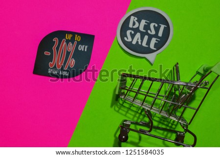 Best Sale and Up To -30% Off Shop Now Text and Shopping cart. Discount and promotion business concept on colorful background