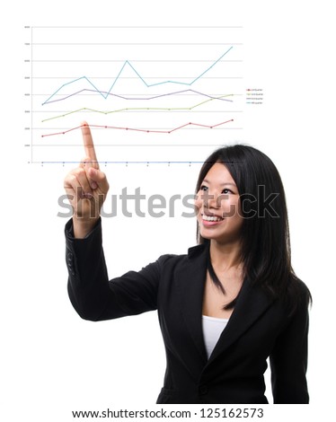 Southeast Asian business woman hand pointing business chart over white background