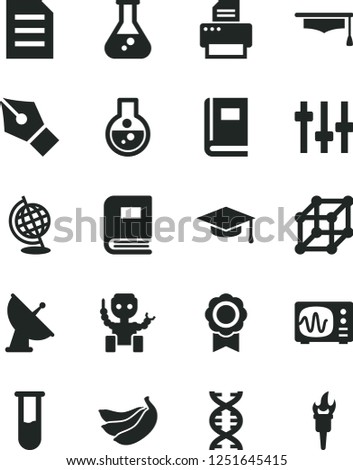 Solid Black Vector Icon Set - bananas vector, printer, file, flask, test tube, dna, settings, book, globe, oscilloscope, graduate hat, medal, robot, satellite antenna, 3d cube, ink pen, flame torch