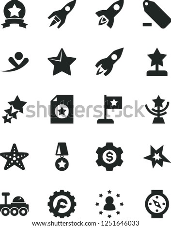 Solid Black Vector Icon Set - remove label vector, star gear, rocket, lunar rover, bang, cup, reward, flag, medal, ribbon, certificate, dollar, stars around man, three, flying, starfish, compass