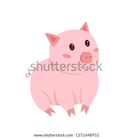 Pink little pig. Cartoon character of domestic animal. Design for children book or sticker. Colorful flat vector icon. Farm livestock. 