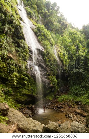 Woman is taking a bath in the highest waterfall Couleuvre on the Martinique located in the jungle on the slopes of the Mount Pelee volcano