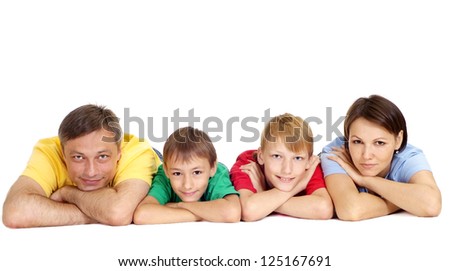 Funny family in bright T-shirts on a white background