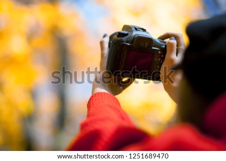 Woman making photos at green park, closeup on camera back screen