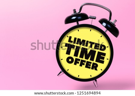 Limited time offer. Black alarm clock with yellow clock face on pink background. Discount banner sale, pink poster, store promotion