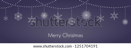 Christmas background with garlands and hanging snowflakes, typography, white on dark blue. Vector illustration. Flat style design. Concept for winter holiday banner, greeting card, decorative element.