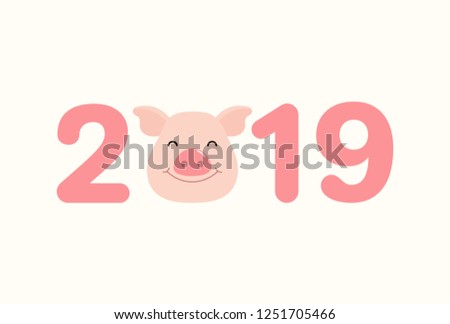 2019 Chinese New Year greeting card with cute pig face, numbers. Vector illustration. Isolated objects on white background. Flat style design. Concept for holiday banner, decorative element.