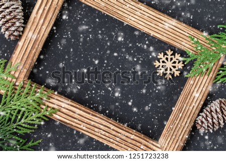 Christmas or new year festive card. Winter holiday composition. Free space for text. Top View.