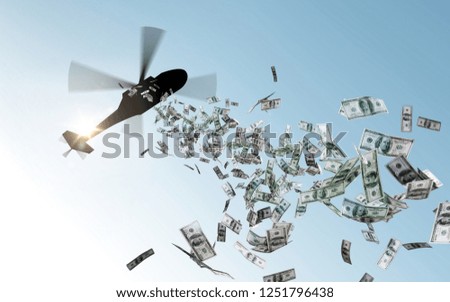 finance, economy and monetary policy concept - helicopter dropping money in sky Royalty-Free Stock Photo #1251796438