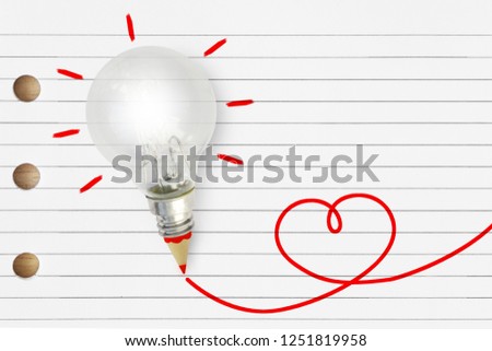 Light bulb with red pencil and heart sketch on striped notebook - Love and creativity concept