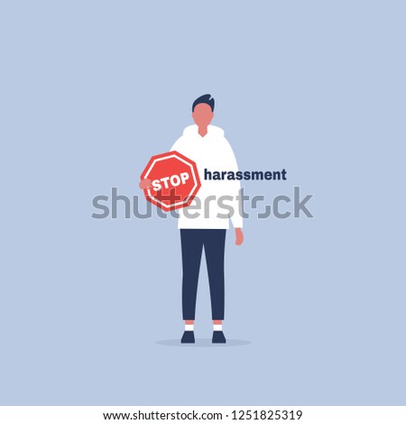 Stop harassment. Conceptual illustration. Young male character holding a Stop road sign. Flat editable vector cartoon, clip art