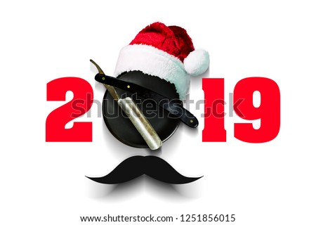 Razor on a plate for foam with a Santa Claus hat on a white background. Inscription 2019. Greeting card Happy New Year and Merry Christmas for a hairdresser and barber shop. Isolated