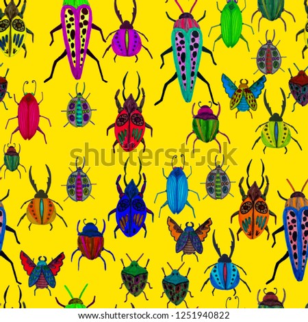 Creative seamless pattern with colorful hand drawn beetles.
