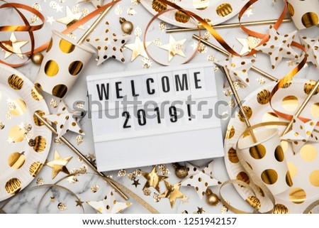 Welcome 2019 lightbox celebration message with luxury gold party decorations