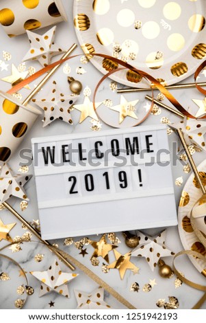 Welcome 2019 lightbox celebration message with luxury gold party decorations