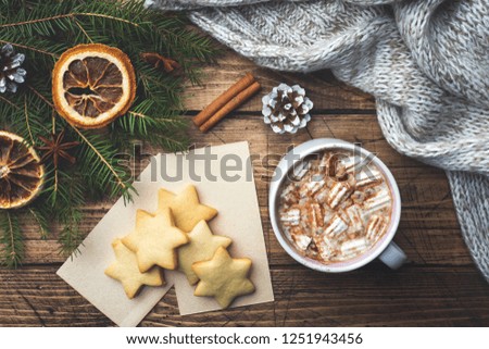 Christmas composition. Hot chocolate and cookies, pine branches, cinnamon sticks and anise stars. Christmas winter concept. Flat lay top view.