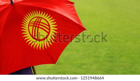 Kyrgyzstan flag umbrella. Close up of printed umbrella over green grass lawn background. Rainy weather forecast. Climate change and global warming concept.