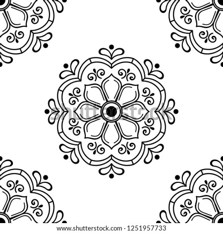 Mandala pattern black and white. Islam, Arabic, Pakistan, Moroccan, Turkish, Indian, Spain motifs. Hand drawn background. Can be used for coloring book, greeting card.

