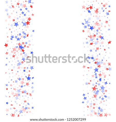 American Patriot Day stars background. Confetti in USA flag colors for Independence Day. Festive red blue white stars on white American patriotic vector. July 4th stardust elements.