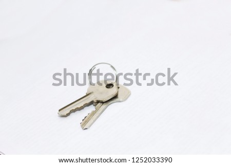 Two metal flat keys with ring isolated on the white background