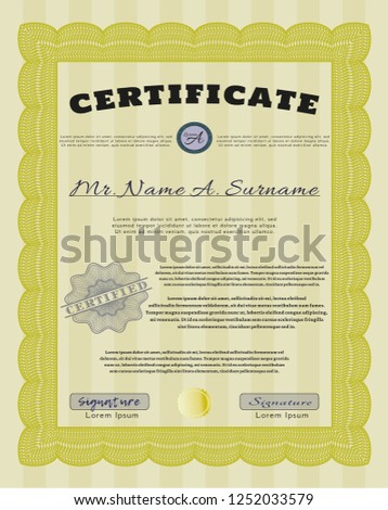 Yellow Certificate diploma or award template. Printer friendly. Customizable, Easy to edit and change colors. Perfect design. 