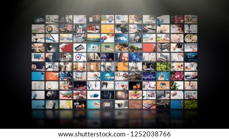 Television streaming video concept. Media TV video on demand technology. Video service with internet streaming multimedia shows, series. Digital collage wall of screen abstract composition Royalty-Free Stock Photo #1252038766