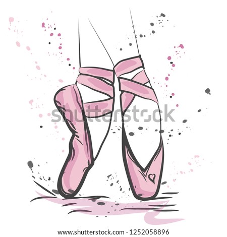 T shirt design. Modern fashion style on white background with pointes shoes. Sketch hand drawn pointes shoes, bow in pink colors.