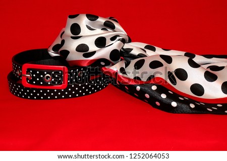 
Women's wardrobe accessories: scarf and belt in black and white colors on a red background