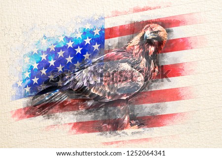 Stylized by watercolor sketch painting on a textured paper of American bald eagle combined with USA flag.