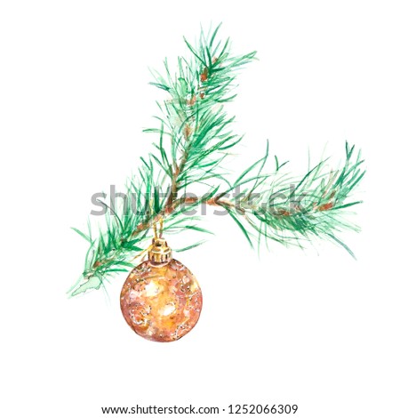 Watercolor christmas tree branch with golden glass bauble ornament, isolated on white background. Festive hand drawn illustration for holiday greeting cards, invitations, diy projects.